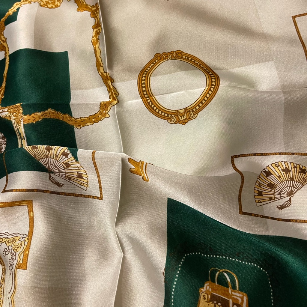 Elegant Silk Scarf With Gold And Green Accents